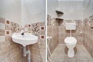 two pictures of a bathroom with a toilet and a sink at Kayilai Residency in Pīlamedu +21 photos