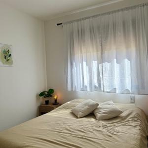 a bed with two pillows in front of a window at Lo de Nieves - Casa con hermosa vista al pueblo y gran ubicación in Cachí