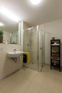 a bathroom with a sink and a shower at Ferienhaus Bergwiese in Grünhain-Beierfeld