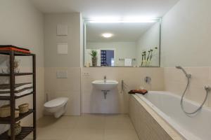 a bathroom with a sink and a tub and a toilet at Ferienhaus Bergwiese in Grünhain-Beierfeld