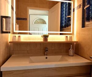 a bathroom with a sink and a mirror and a sink at Hôtel Le Méditerranée in Hyères +37 photos