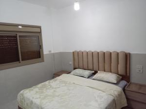 a bedroom with a bed with two pillows and a window at Sky 2 in Jerash