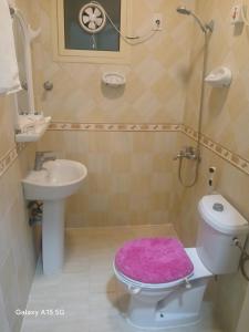 Un baño con inodoro y lavabo con una alfombra rosa. en العييري للشقق المخدومة الدمام 3, en Dammam