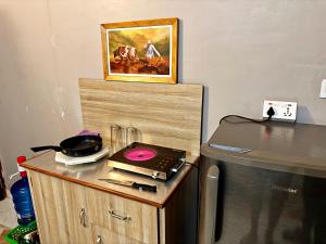 a kitchen with a stove and a picture on the wall at Amigo Studio Inn Pokhara in Pokhara