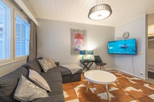 a living room with a couch and a tv at Kuukkeli Apartments in Saariselka