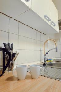 dos tazas sentadas en un mostrador de cocina junto a un fregadero en StayInn Halle (Saale), en Nietleben