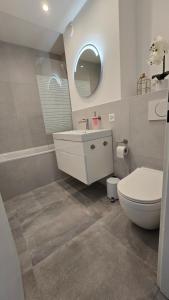 un bagno con un water, un lavandino e uno specchio di Apartment BugerStay a Thun