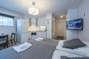 a bedroom with a large bed with a flat screen tv at Kuukkeli Apartments in Saariselka +32 photos