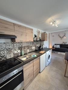 a kitchen with a sink and a stove top oven at Tiny House Am Goldbach in Halberstadt