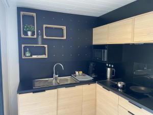 a kitchen with a sink and a blue wall at Chalet Lacustre de Roudeix in Cros