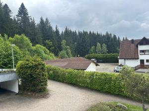 a hedge in front of a house and a parking lot at Ferienwohnung Truckses Schluchsee in Schluchsee +15 photos