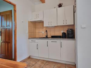 a kitchen with white cabinets and a counter top at Agroturystyka - Srebrny Las in Staniszów