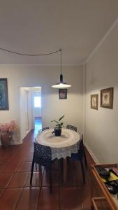 a dining room with a table and a potted plant at Apê Retrô com Wi-Fi e Vaga - 350 m da Praia da Enseada in Guarujá