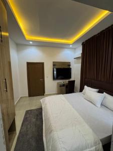 una camera d'albergo con un letto e una televisione di Declans Shortlet ad Abuja
