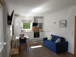 a living room with a blue couch and a kitchen at Apartment an der Fehnroute in Leer