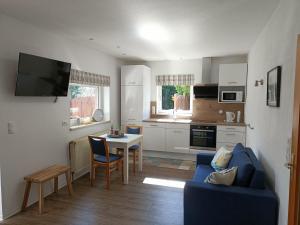 a living room with a blue couch and a kitchen at Apartment an der Fehnroute in Leer