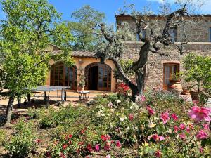 Capraia e LimiteにあるVILLA PANICALE -Toscanaのピクニックテーブルと花のある石造りの家