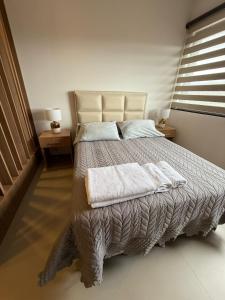 a bedroom with a bed with two towels on it at Amazing and in the chic area in Tarija +4 photos
