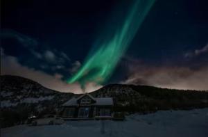 a house with the green northern lights in the sky at Explorers Cabin Lofoten in Offersøya