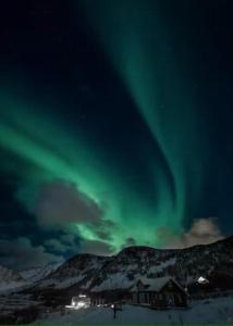 an aurora in the sky above a house in the snow at Explorers Cabin Lofoten in Offersøya