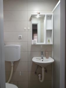 a bathroom with a toilet and a sink and a mirror at Soba Ðorović 3 in Postenje
