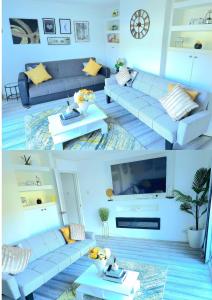 two pictures of a living room with a blue couch at Large House, Home for Contractors- Park Free in Chatham
