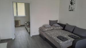 a living room with a couch and a bed at White Harmony Apartment in Debrecen