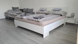 two beds with pillows on them in a room at White Harmony Apartment in Debrecen