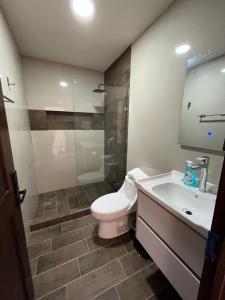 ein Badezimmer mit Toilette, Waschbecken und Dusche in der Unterkunft Pelicanos Residencial in Puerto Peñasco