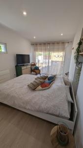 a large bed in a bedroom with a window at Appartement cosy avec jardin in Meauzac +21 photos