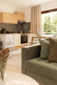 a living room with a couch and a kitchen at HeideHygge 3 in Schneverdingen