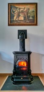 ein schwarzer Ofen auf dem Boden mit einem Bild in der Unterkunft Casas Cor de Rosa in São Martinho das Moitas