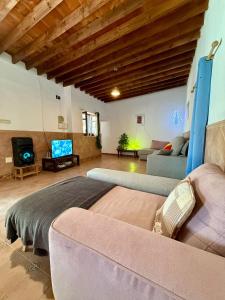 een woonkamer met een bank en een tv bij Cortijo Maya, maison troglodyte pour 10 personnes in Alhama de Almería