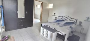 a bedroom with a white bed and a mirror at Villa POMMES D'EAU in Lamentin