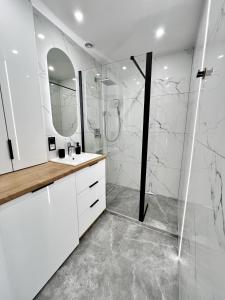 a white bathroom with a shower and a sink at Casa Castillo Toruń in Toruń +38 photos