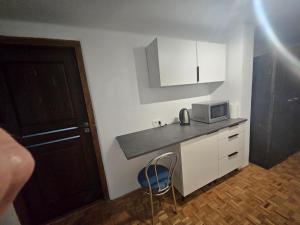 a small kitchen with a counter and a microwave at Apartament Ogrodowa in Biała Podlaska