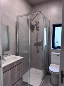 ein Badezimmer mit Dusche, Waschbecken und Toilette in der Unterkunft Casa do Esquilo in Cabeceiras de Basto