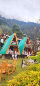 eine Gruppe von Häusern mit grünen Dächern auf einem Feld in der Unterkunft Kaira huts in Manali