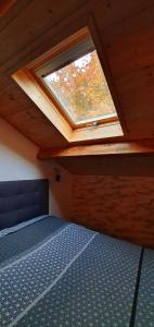 a attic room with a bed and a window at Magnifique Chalet avec Balneo in Roubion