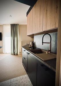 una cocina con fregadero y encimera en L'Appartement La Mongie, en Bagnères-de-Bigorre