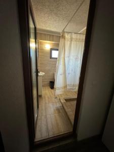 a view of a bathroom with a shower curtain at Vila Lotus in Eforie Nord +8 photos