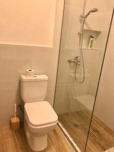 un baño con inodoro y ducha en Cosy and Comfy Apartment 2 min walk to the beach, en Sarandë 37 fotos más