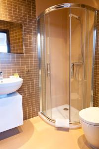 ein Bad mit einer Dusche, einem WC und einem Waschbecken in der Unterkunft Apartamentos Poniente - Mares in Torre del Mar