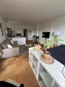 a living room with a couch and a table with a plant at Maison Lou in Falicon