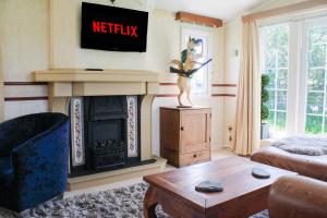un soggiorno con camino e TV di Perfect Couple Retreat, Puppy Lounge & Games Room a Newton by Toft