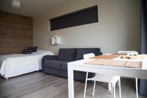 a living room with a bed and a table and a couch at Myri - Studio Lodge in Selfoss