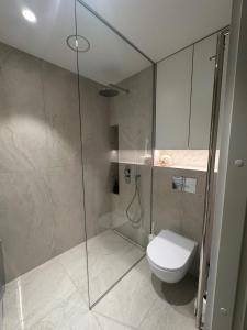 a bathroom with a toilet and a glass shower at Composer's apartment in Tallinn