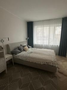 a bedroom with a large bed and a window at Composer's apartment in Tallinn