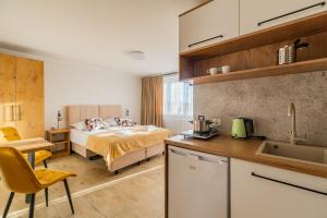 a kitchen and a bedroom with a bed in a room at FAMILKA in Karwia
