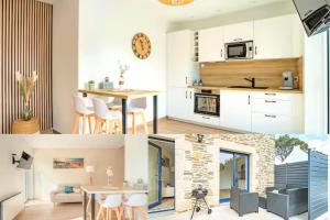 a collage of photos of a kitchen and a living room at Refuge Marin in Sarzeau